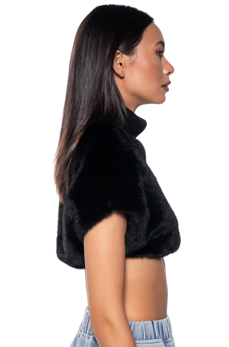 Back View Carissa Mock Neck Cropped Fur Shirt In Black 2