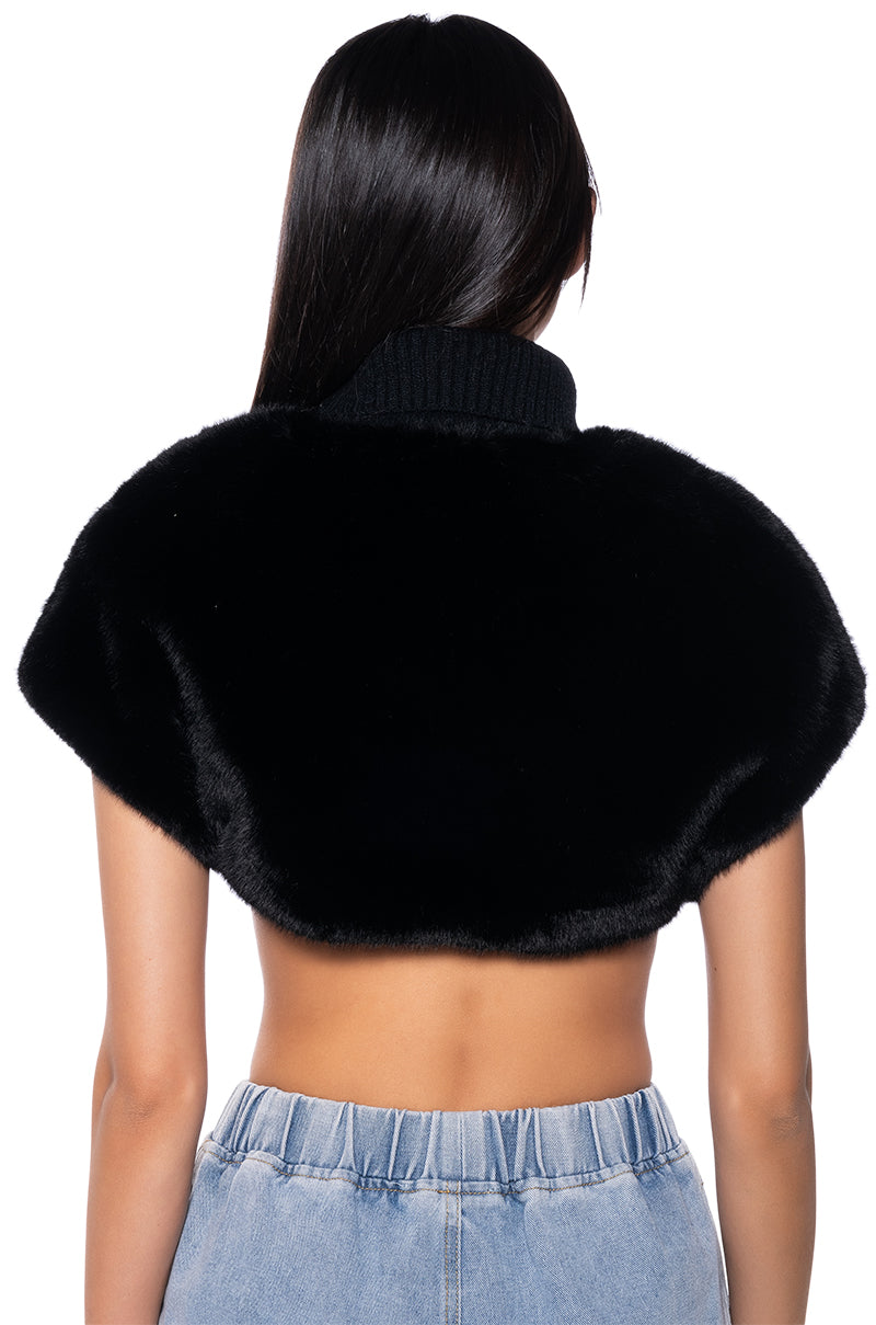 Detail View Carissa Mock Neck Cropped Fur Shirt In Black 3