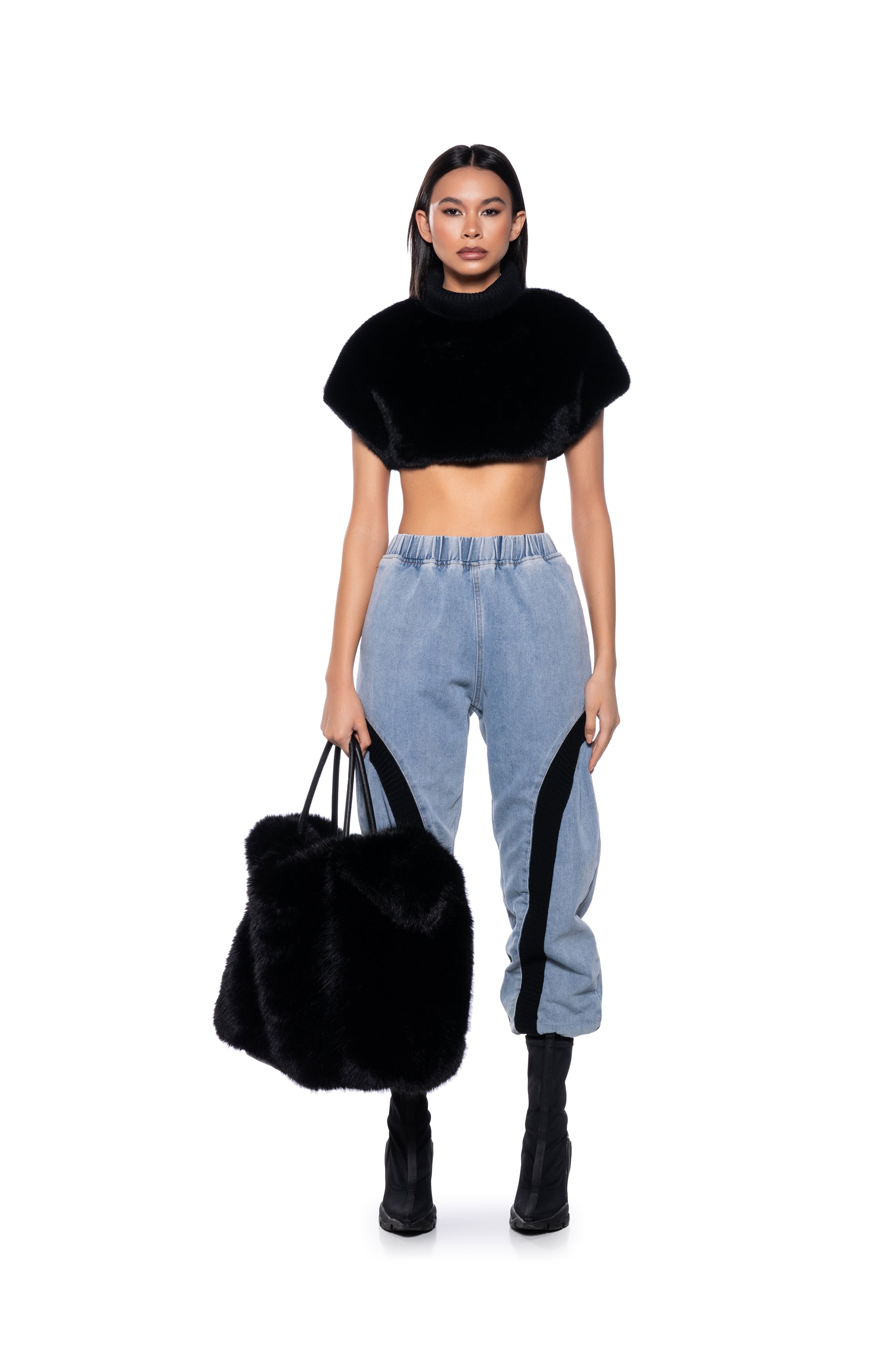 Full View Carissa Mock Neck Cropped Fur Shirt In Black 4