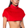 Front View Carissa Mock Neck Cropped Fur Shirt In Red