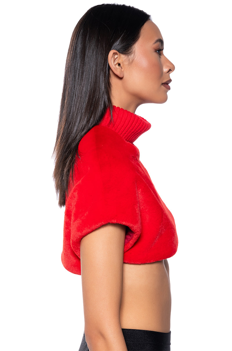 Back View Carissa Mock Neck Cropped Fur Shirt In Red