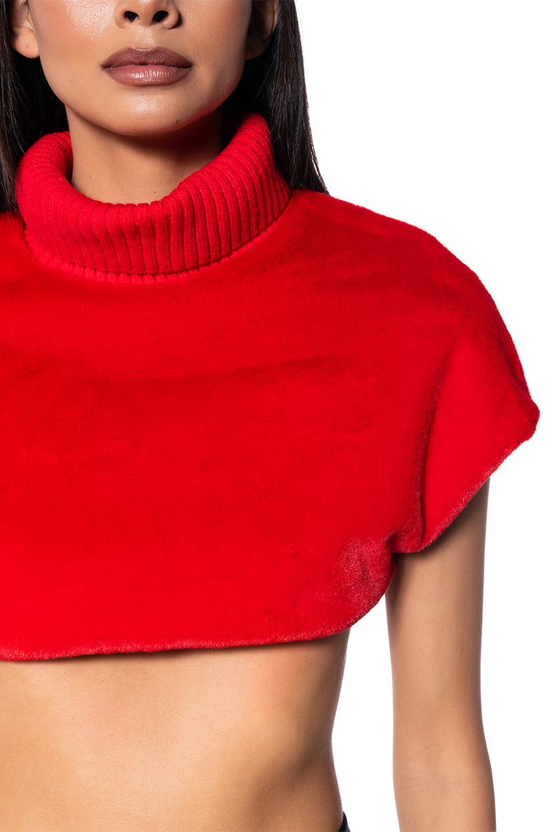 Full View Carissa Mock Neck Cropped Fur Shirt In Red