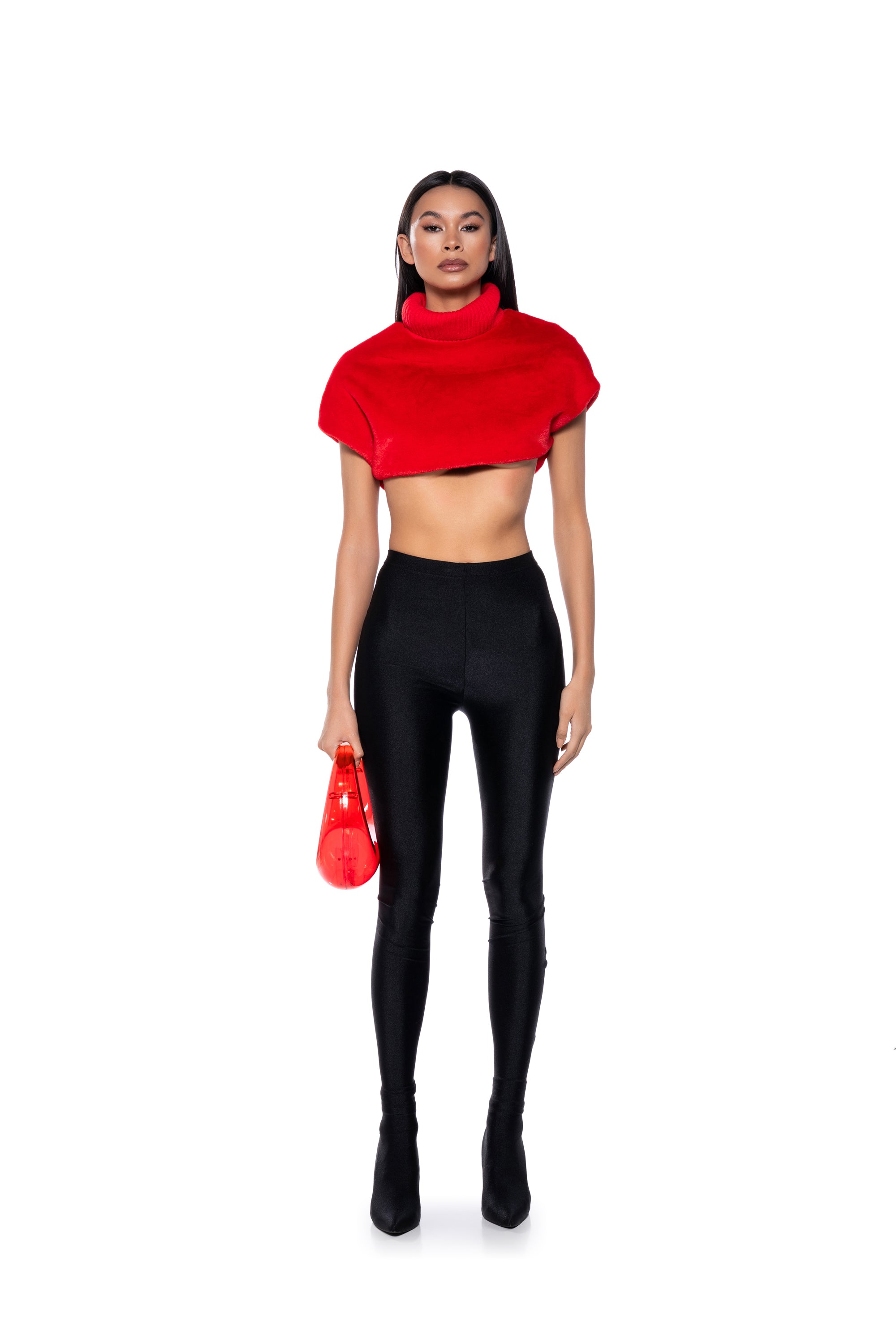 Extra View Carissa Mock Neck Cropped Fur Shirt In Red