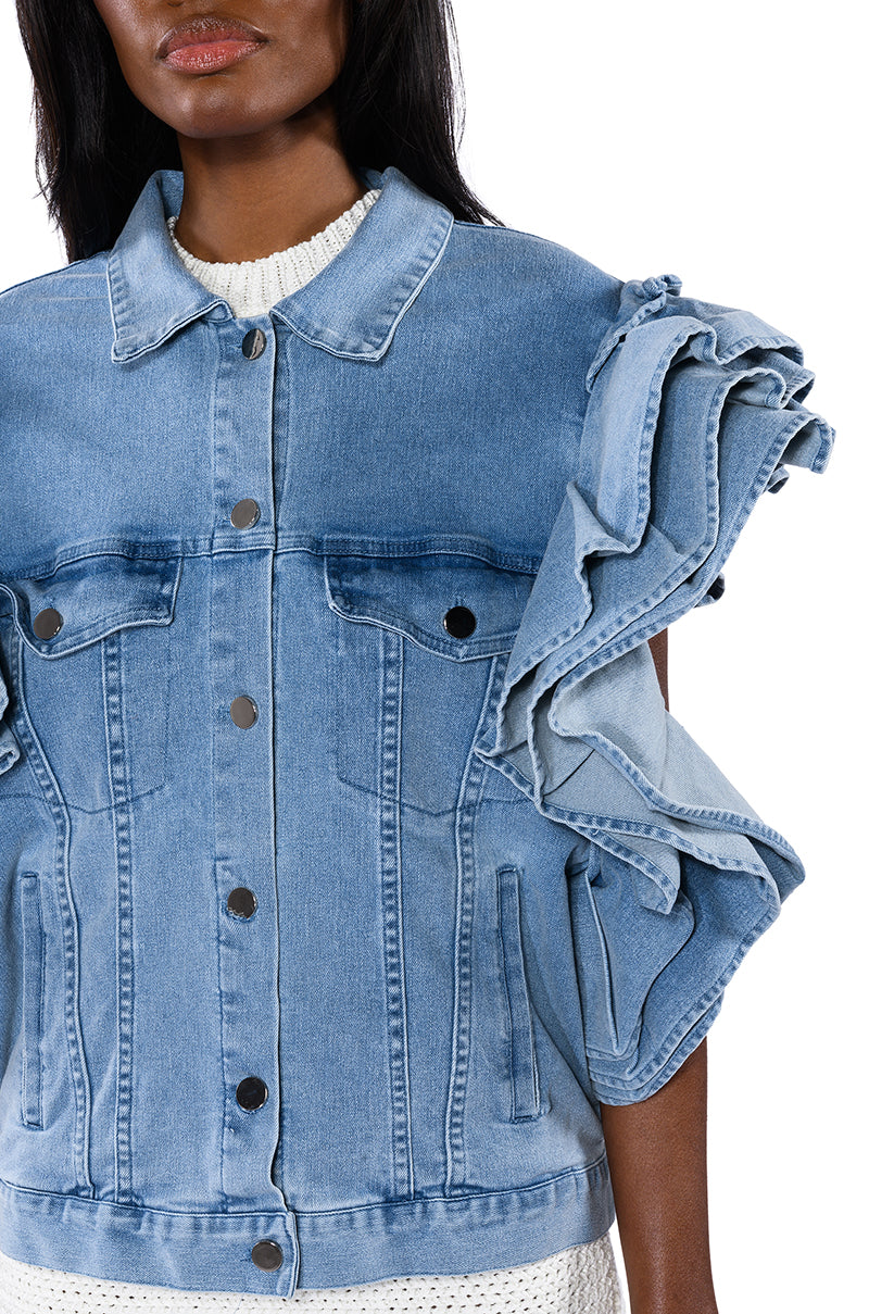 Extra View Carlotta Ruffle Sleeve Denim Vest