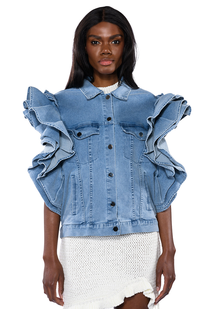 Extra View Carlotta Ruffle Sleeve Denim Vest