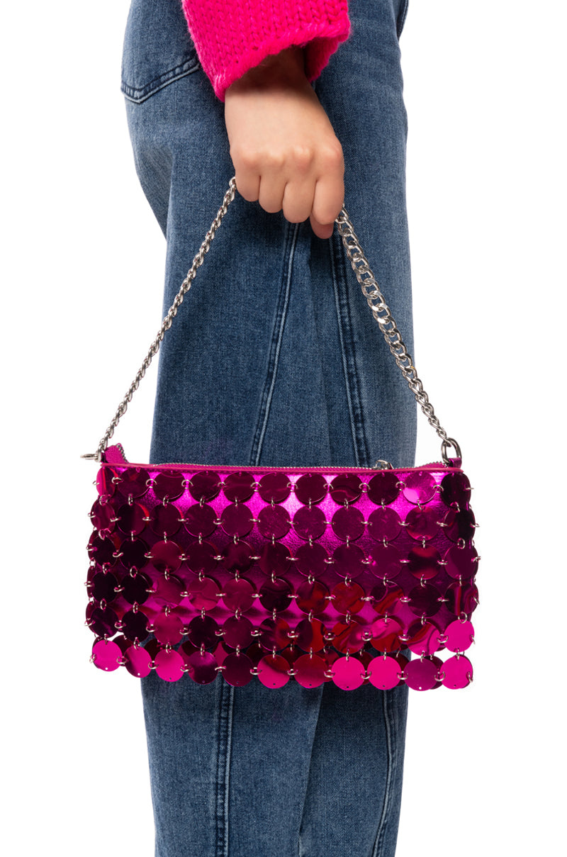 Front View Carmelina Metallic Sequin Bag In Fuchsia