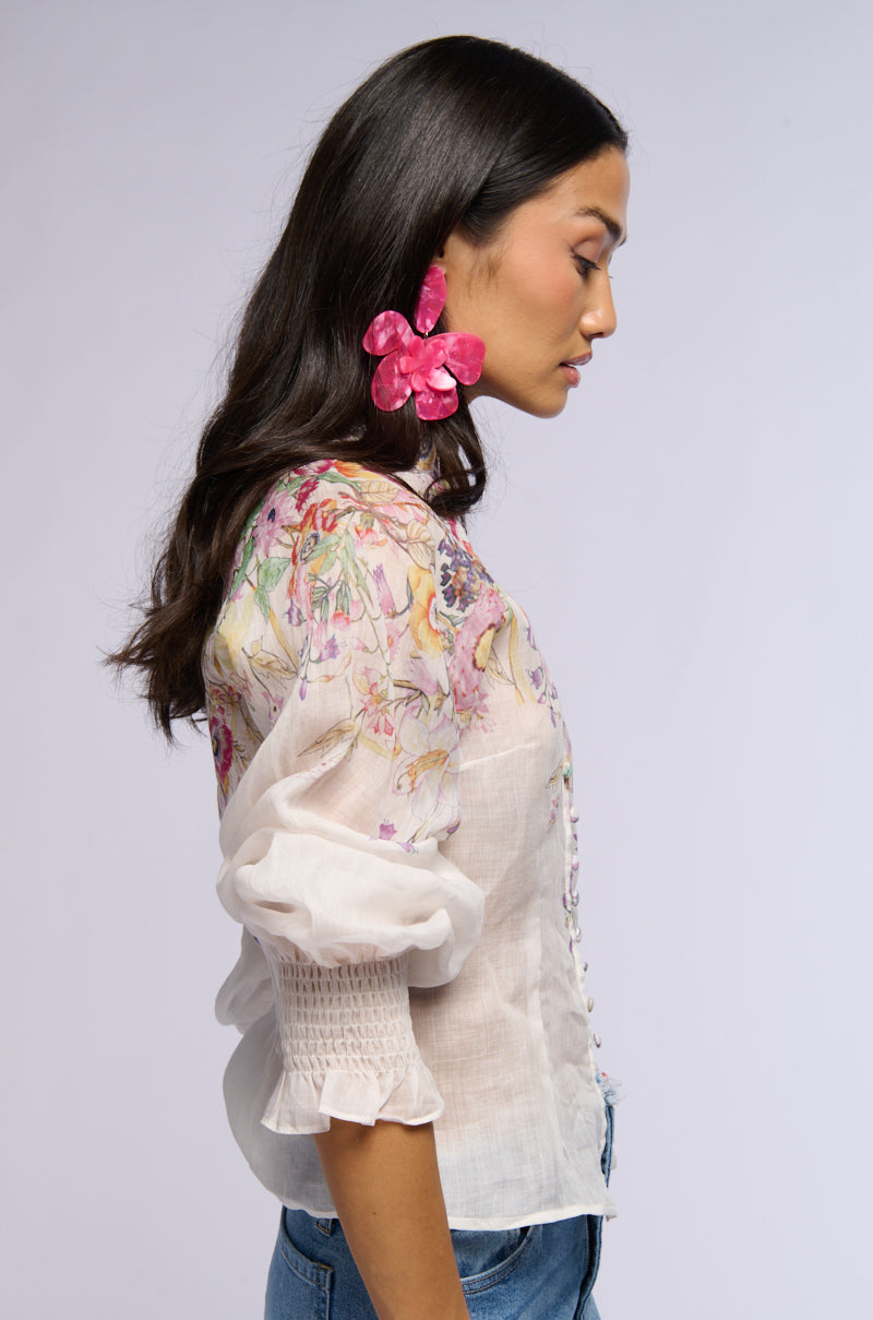 Side View Carmellia Floral Button Down Blouse
