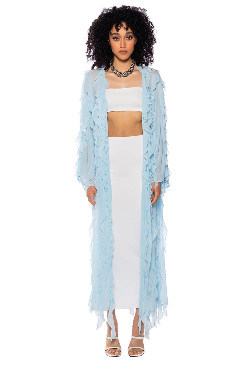 Front View Cascade Ruffle Mesh Duster
