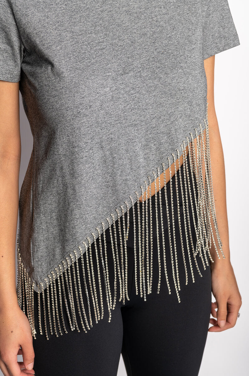 Extra View Cascading Rhinestone Crew Neck T Shirt