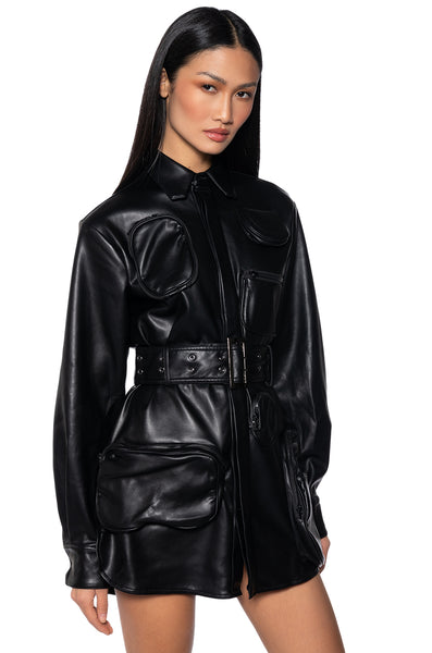 CASPIAN FAUX LEATHER BELTED UTILITY MINI DRESS – AKIRA