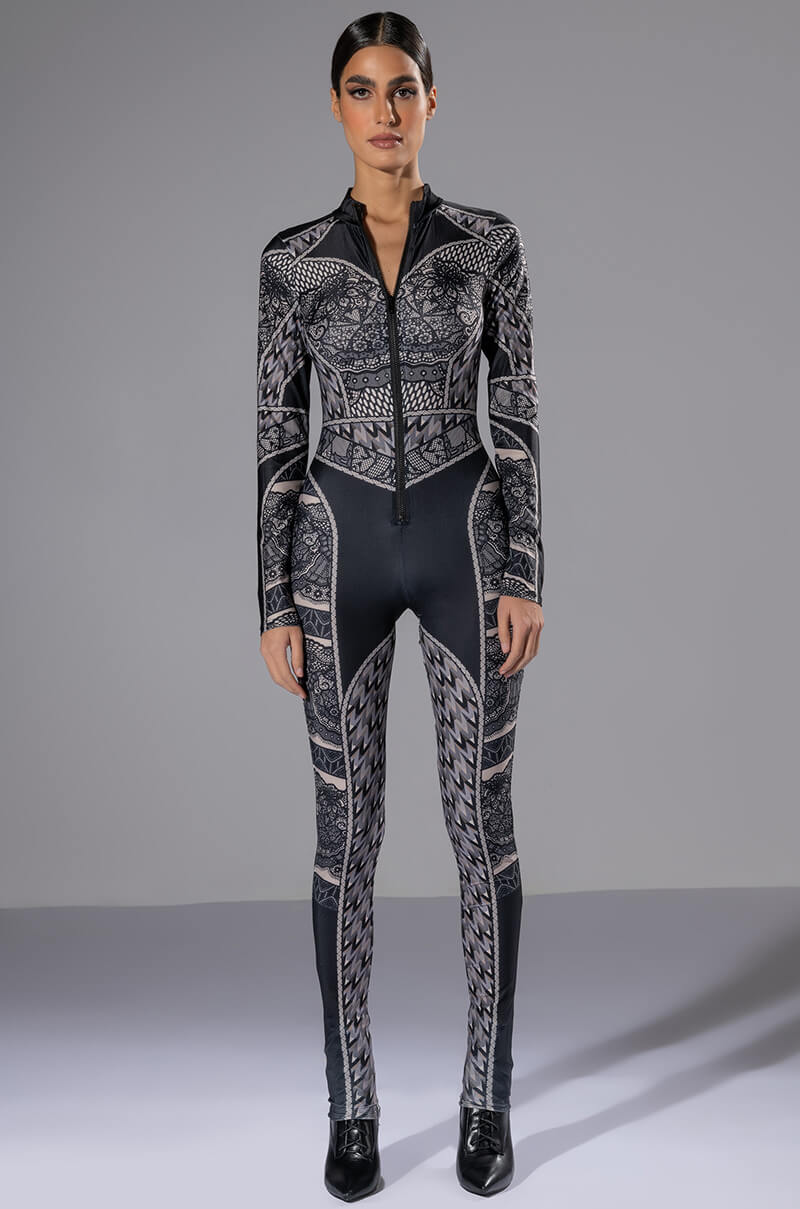 Front View Catch A Glimpse Zip Up Catsuit