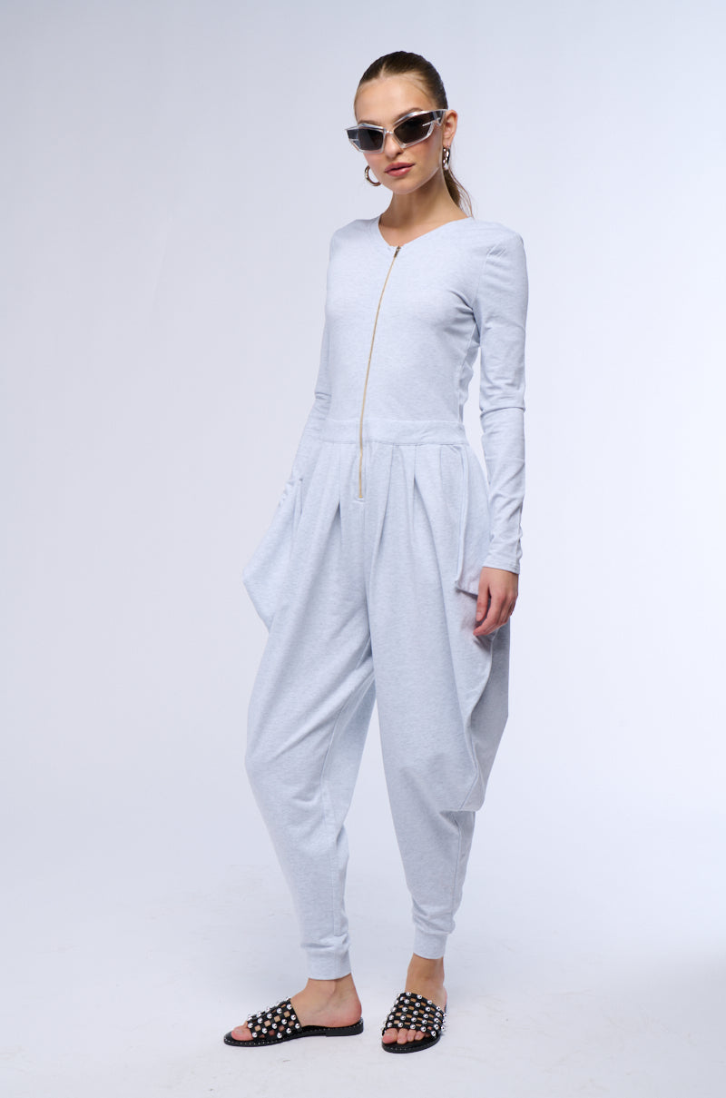 Back View Catch Flights Not Feelings Front Zip Knit Jumpsuit