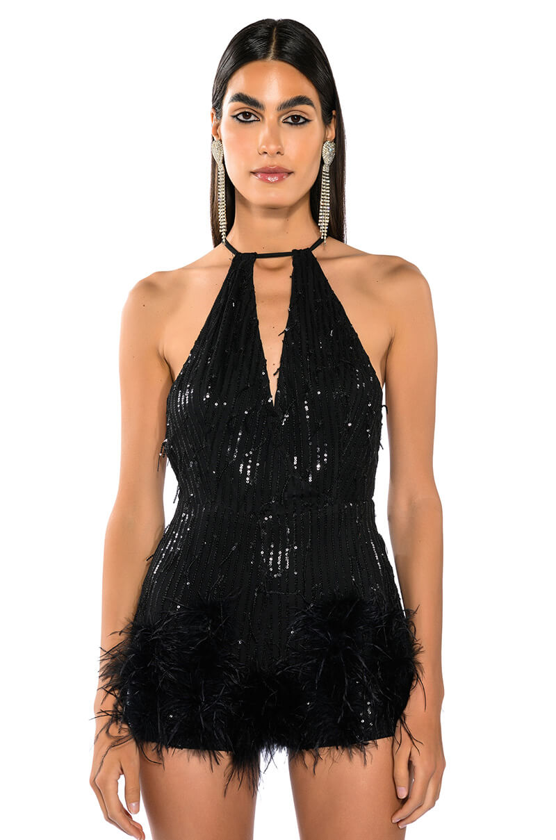 Front View Cats Meow Sequin Fringe Feather Trim Romper