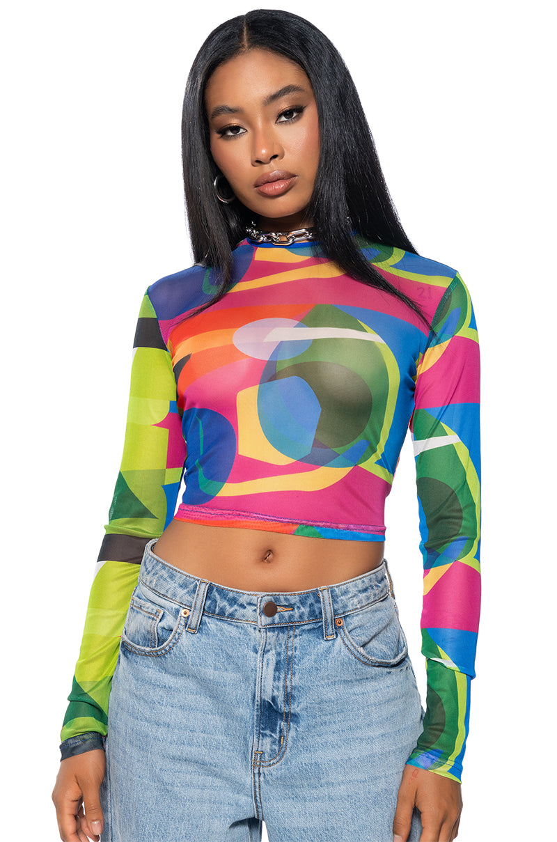 Front View Caught In My Way Long Sleeve Mesh Tee