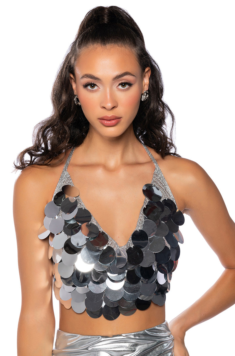 Front View Caught In The High Life Sequin Crochet Crop Top 0