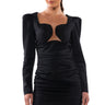 Front View Cause A Commotion Ruched Puff Sleeve Mini Dress In Black