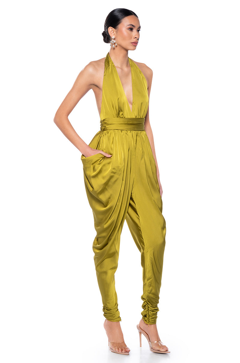 Front View Celeste Halter Neck Jumpsuit In Green