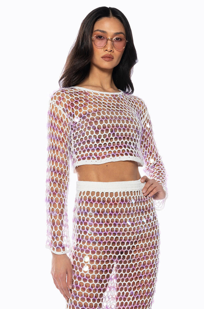 Front View Celine Sequin Crochet Crop Top