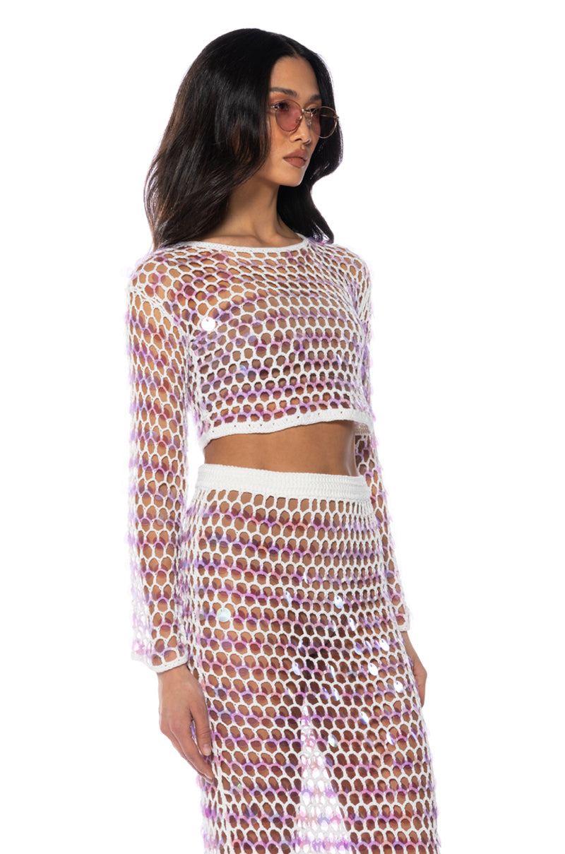 Detail View Celine Sequin Crochet Crop Top