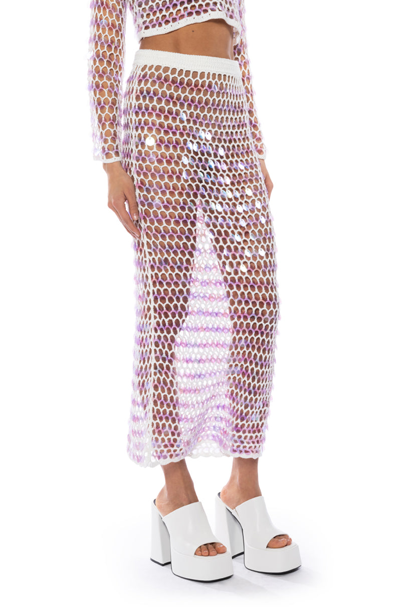 Side View Celine Sequin Crochet Maxi Skirt