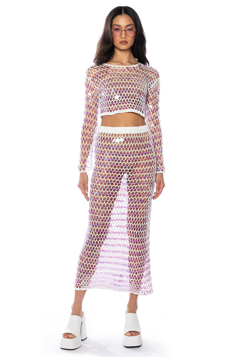 Back View Celine Sequin Crochet Maxi Skirt