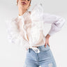 Front View Center Of The Ring Ruffle Button Down Blouse