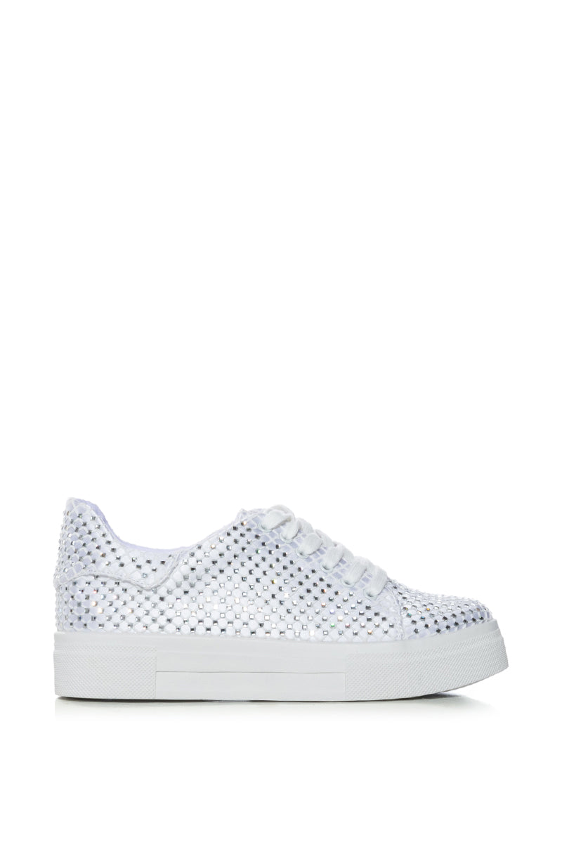 Side View Center Stage Flat Sparkle Sneaker In White view 1