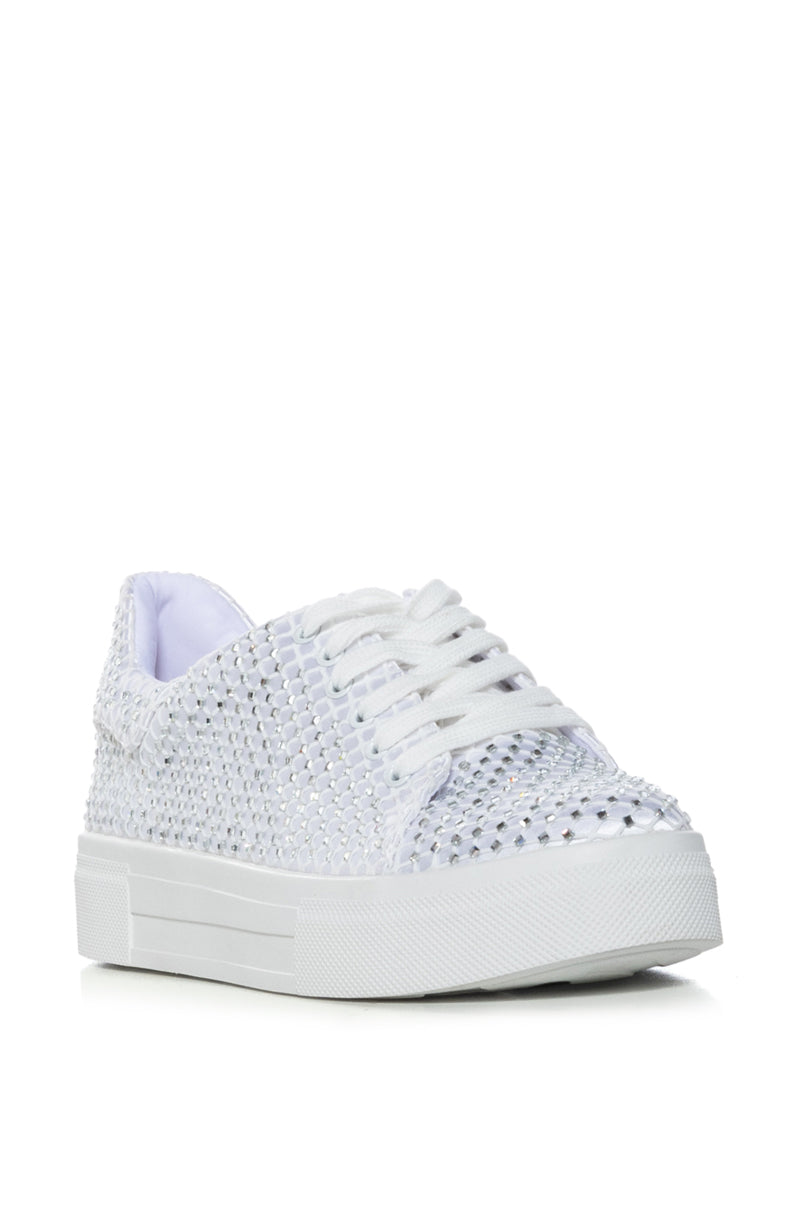 Back View Center Stage Flat Sparkle Sneaker In White
