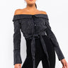 Front View Certified Baddie Rhinestone Blouse in Black