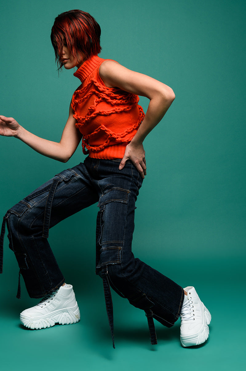 Full View Chain Link Detail Sleeveless Turtleneck Sweater
