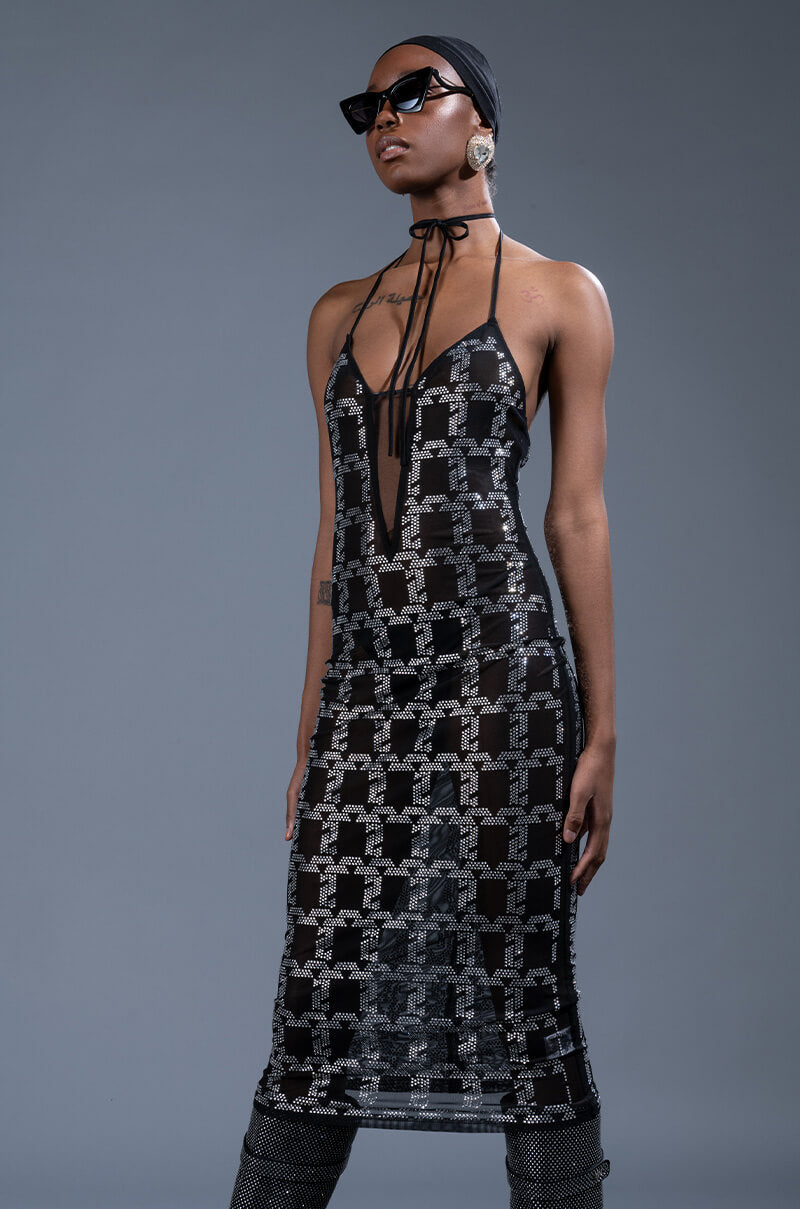 Front View Chain Me Up Rhinestone Mesh Midi Dress