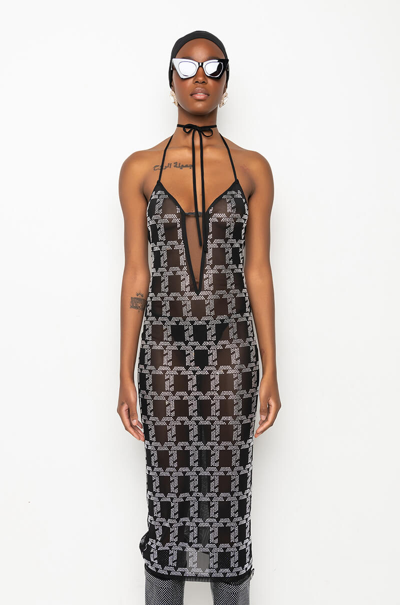 Back View Chain Me Up Rhinestone Mesh Midi Dress
