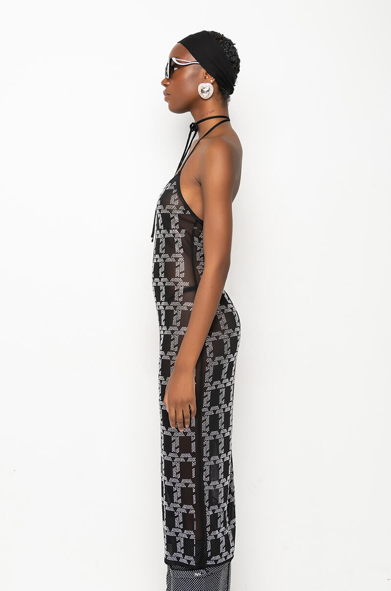 Detail View Chain Me Up Rhinestone Mesh Midi Dress