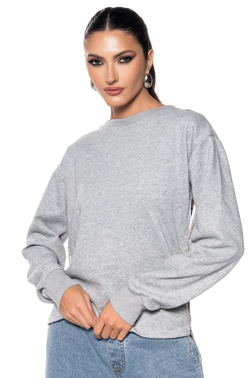 Front View Chained To The Rhythm Reversible Rhinestone Chain Sweatshirt