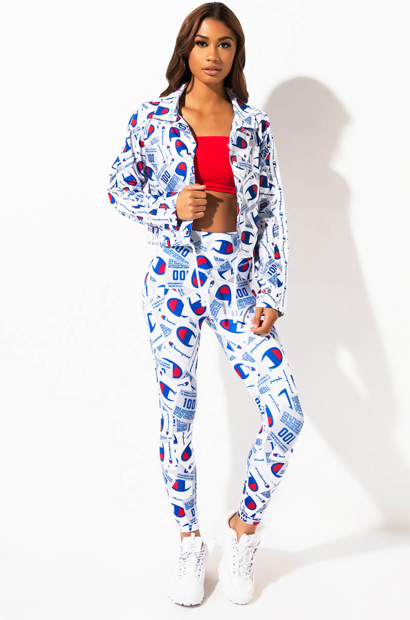 Full View Champion Printed Cropped Coaches Jacket  in Jock Tag Scatter Mix White