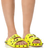 Front View Chaotic Studded Flat Sandal In Lime