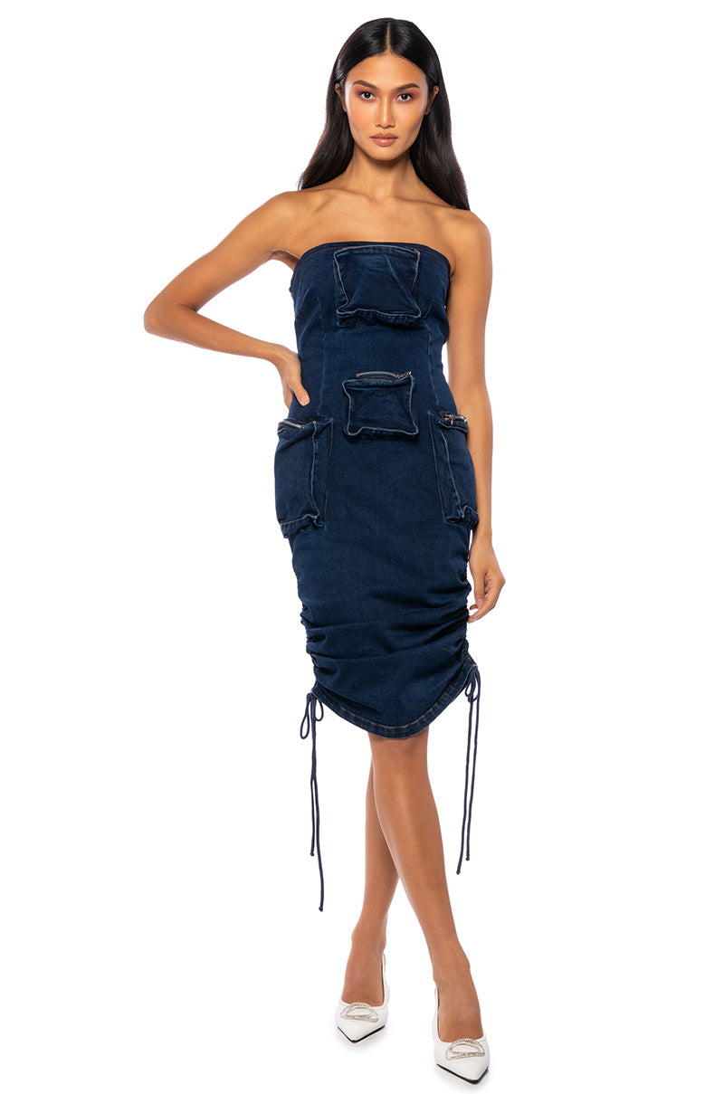 CHARLIE DENIM CARGO STRAPLESS MIDI DRESS AKIRA CHARLIE DENIM CARGO STRAPLESS MIDI DRESS AKIRA
