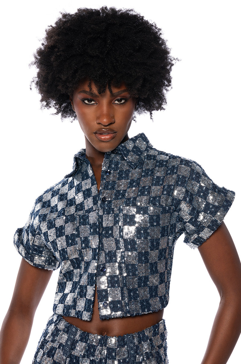 Front View Check It Distressed Sequin Button Down Crop Top