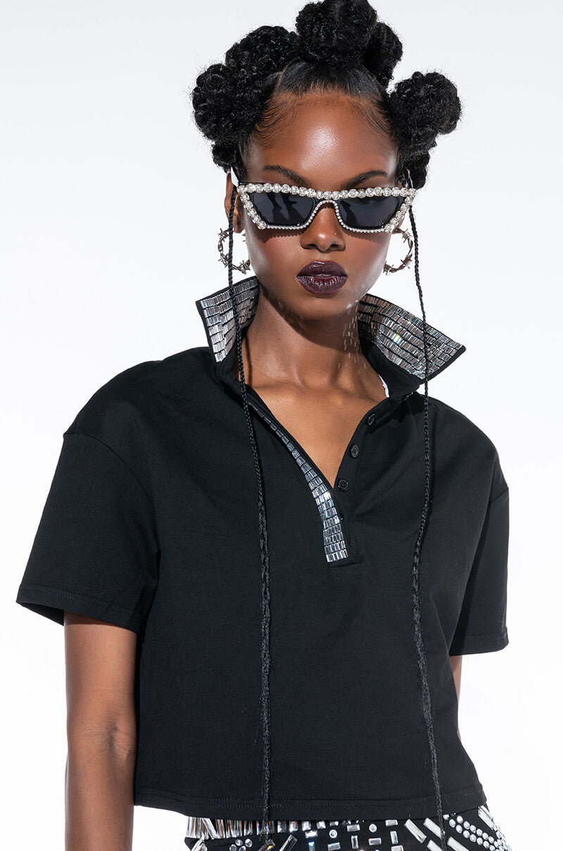 Front View Check Mate Rhinestone Collar Polo Tshirt