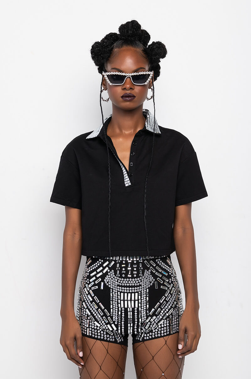 Back View Check Mate Rhinestone Collar Polo Tshirt