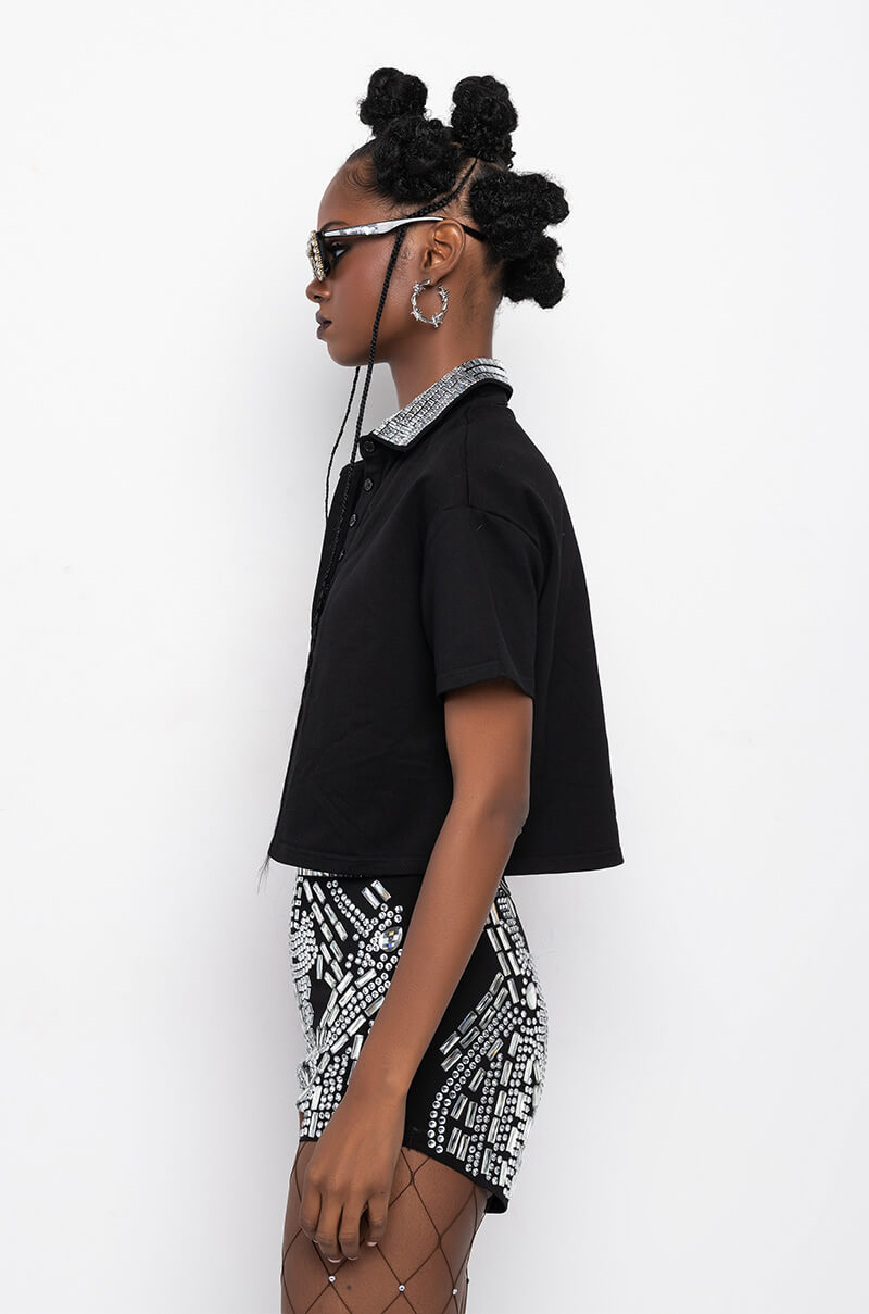 Detail View Check Mate Rhinestone Collar Polo Tshirt