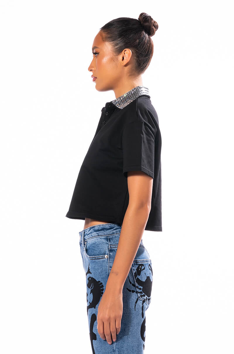 Detail View Check Mate Rhinestone Collar Polo Tshirt