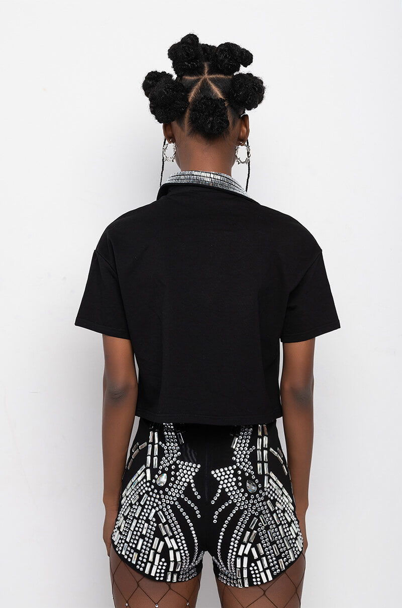 Full View Check Mate Rhinestone Collar Polo Tshirt