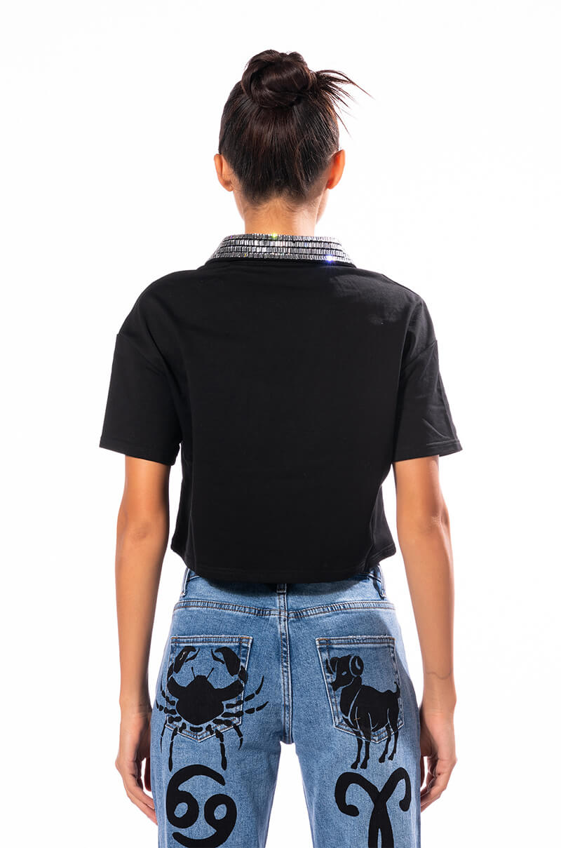 Full View Check Mate Rhinestone Collar Polo Tshirt