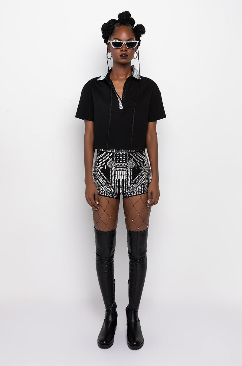 Extra View Check Mate Rhinestone Collar Polo Tshirt