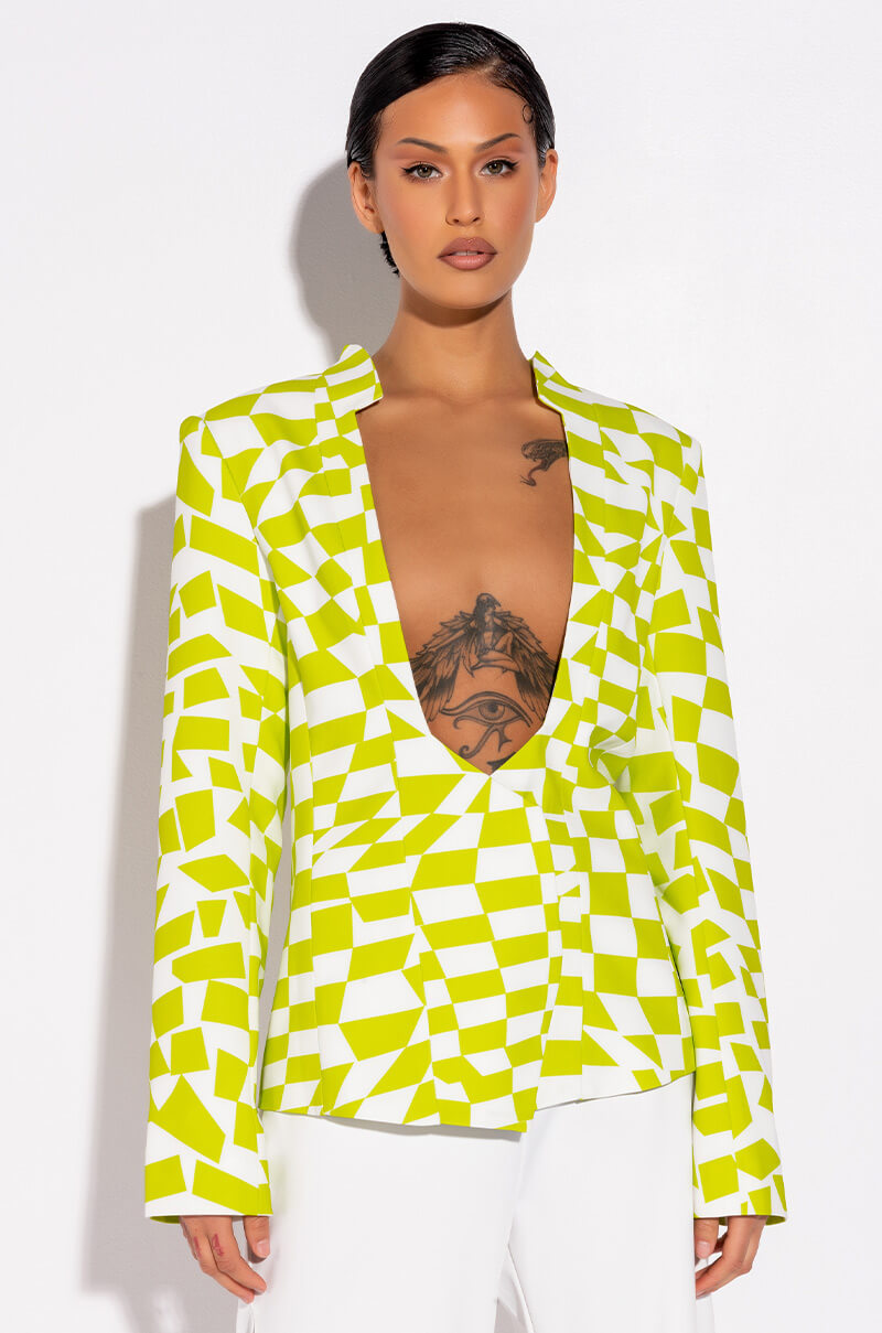 Front View Checkered Lime Open Chest Blazer