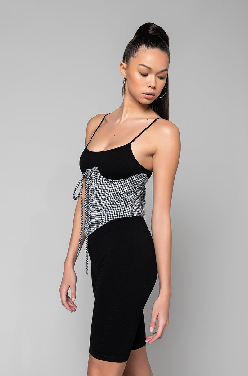 Side View Checkmate Lace Up Corset in Black White