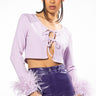 Front View Cher Tie Front Feather Cuff Long Sleeve Top