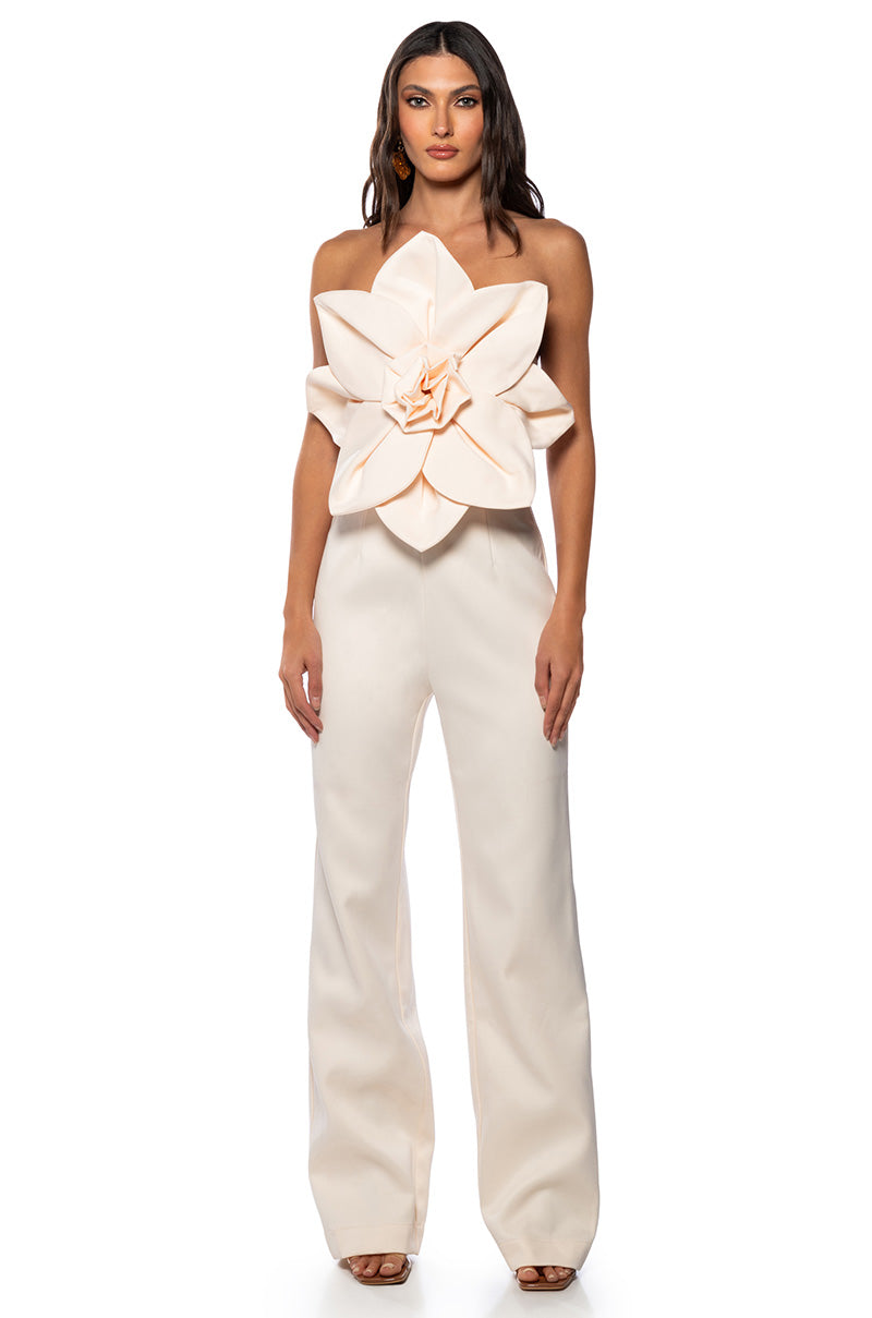 Front View Cherry Blossom Strapless Statement Jumpsuit In Off White