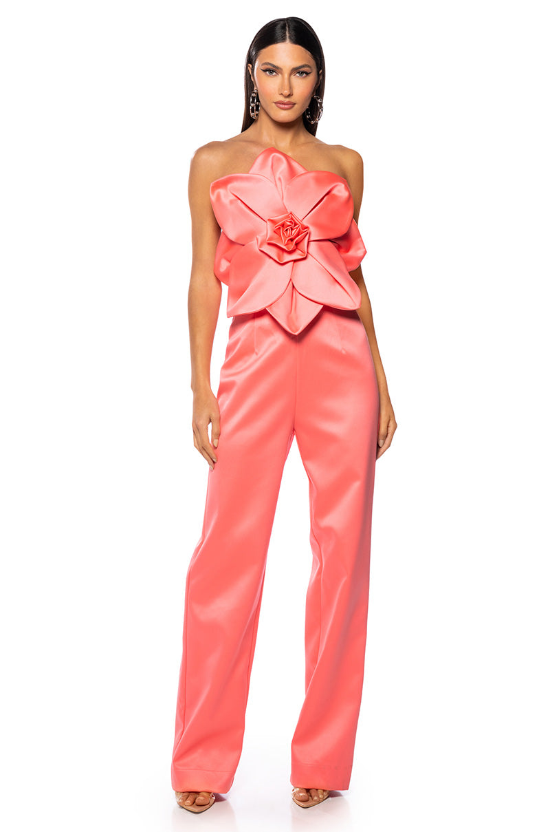 Front View Cherry Blossom Strapless Statement Jumpsuit In Pink